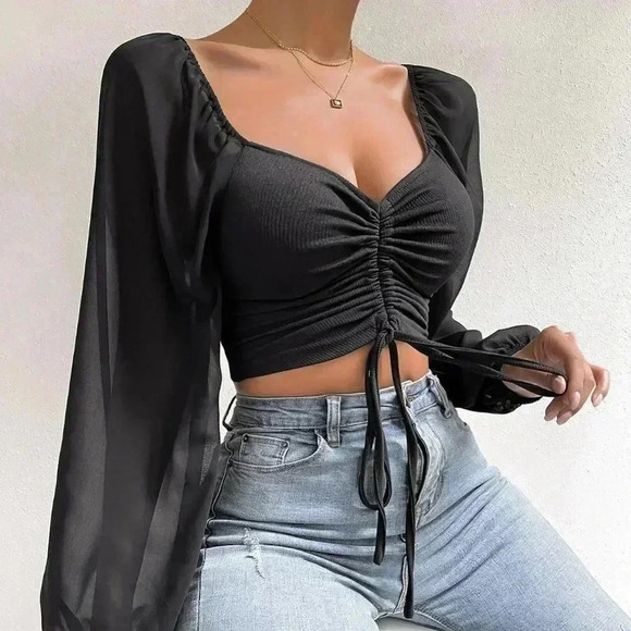 Black Casual Women's Sweetheart Neck Drawstring Lantern Sleeve Crop Top - Picture 3 of 5